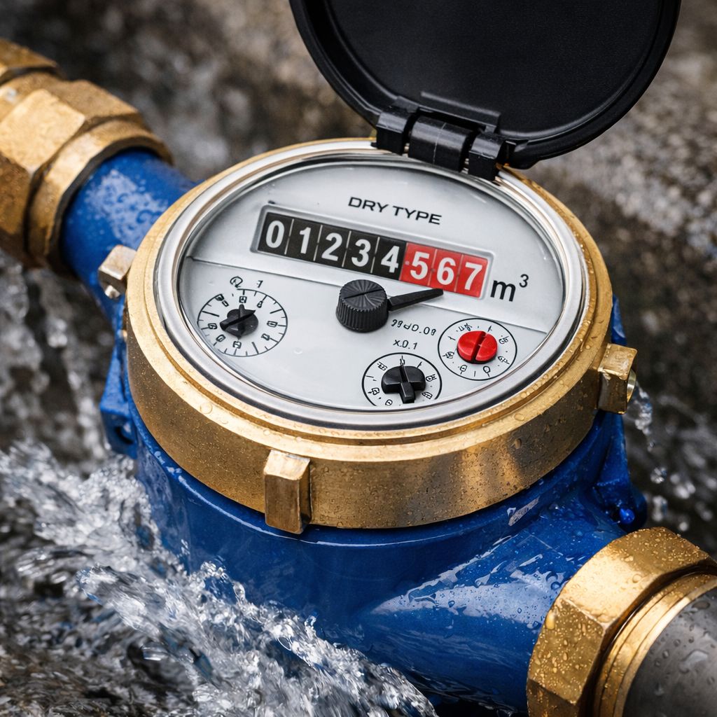 Dry type water meter installed on a water supply pipe during operation